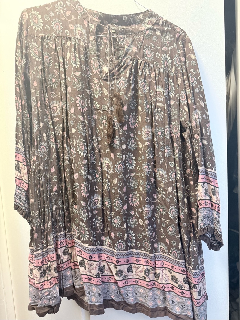Natural Life Boho Floral Peasant Tunic in Brown and Pink